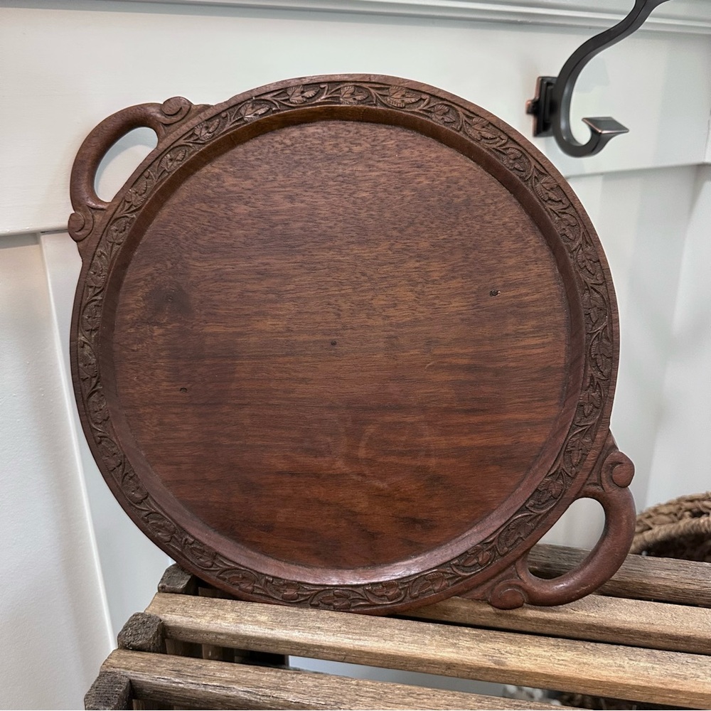 Antique Wooden Round Handled Serving Tray Hand Crafted Decorative Carved Leaf